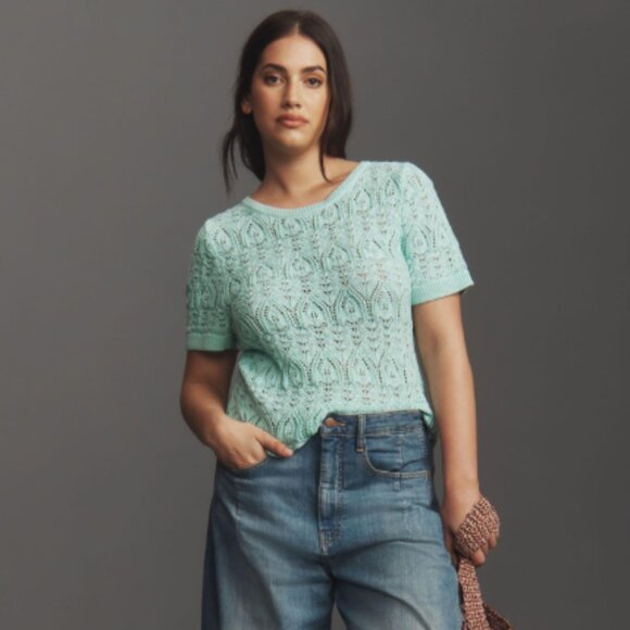 Brand New By Anthropologie Crochet Stitched Knitted T-Shirt - Picture 5 of 9